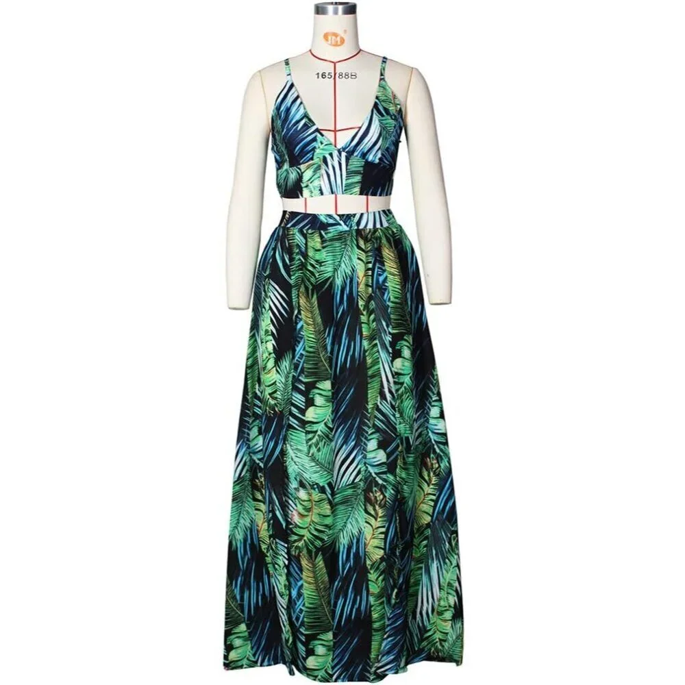 Women's Bohemian Chiffon 2 Piece Set Crop Cami Top & Maxi Dress Large - Picture 4 of 6